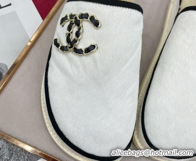 Top Design Chanel Fur and Shearling Wool Flat Mules G38648 White