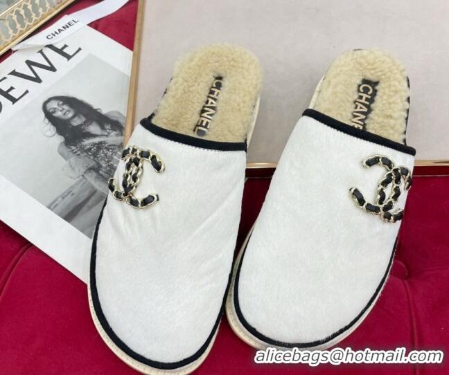 Top Design Chanel Fur and Shearling Wool Flat Mules G38648 White