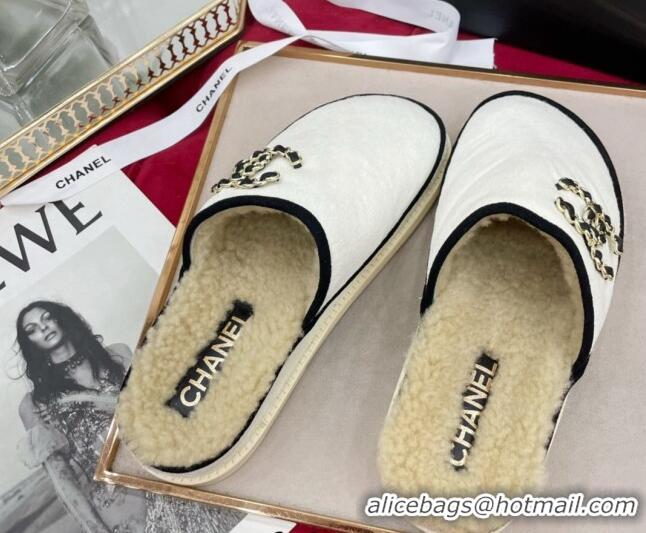 Top Design Chanel Fur and Shearling Wool Flat Mules G38648 White