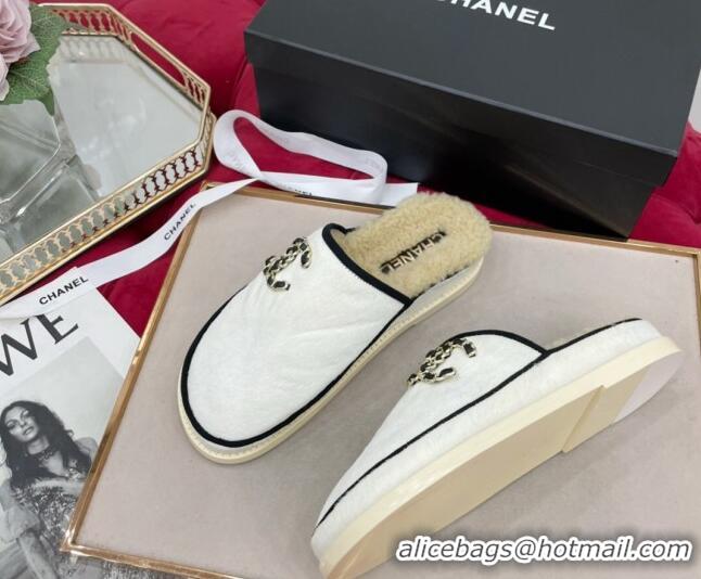 Top Design Chanel Fur and Shearling Wool Flat Mules G38648 White