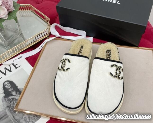 Top Design Chanel Fur and Shearling Wool Flat Mules G38648 White