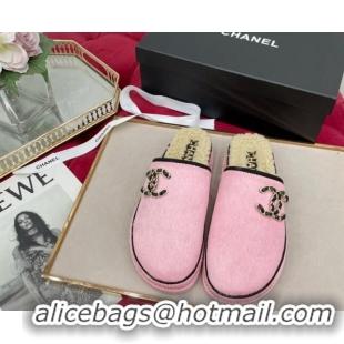 Top Grade Chanel Fur and Shearling Wool Flat Mules G38648 Pink