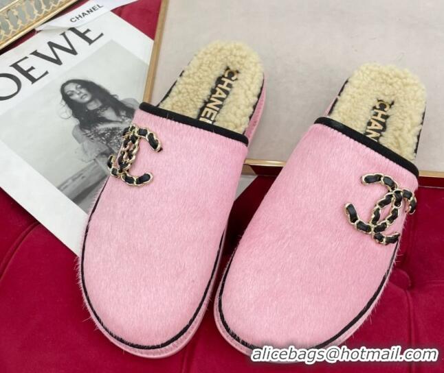 Top Grade Chanel Fur and Shearling Wool Flat Mules G38648 Pink