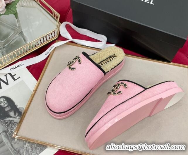 Top Grade Chanel Fur and Shearling Wool Flat Mules G38648 Pink