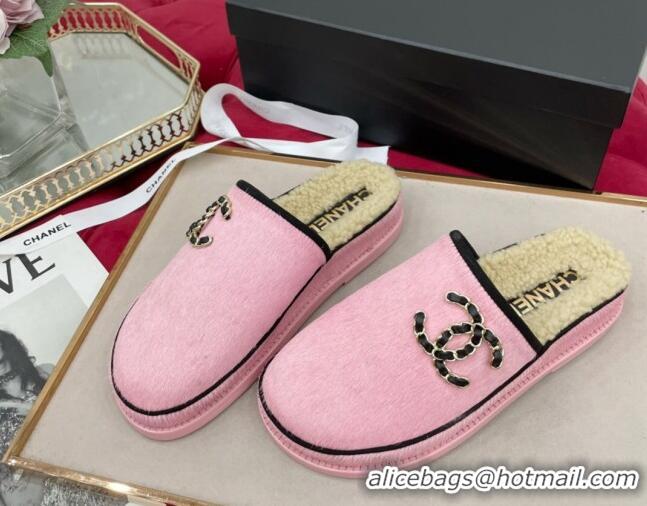 Top Grade Chanel Fur and Shearling Wool Flat Mules G38648 Pink