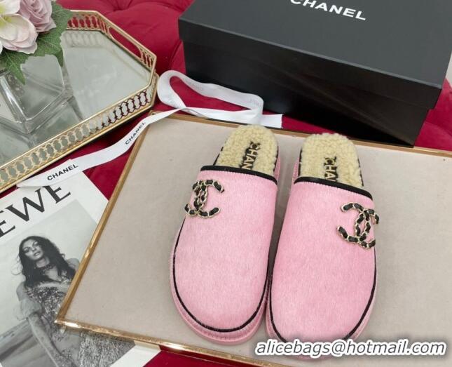 Top Grade Chanel Fur and Shearling Wool Flat Mules G38648 Pink