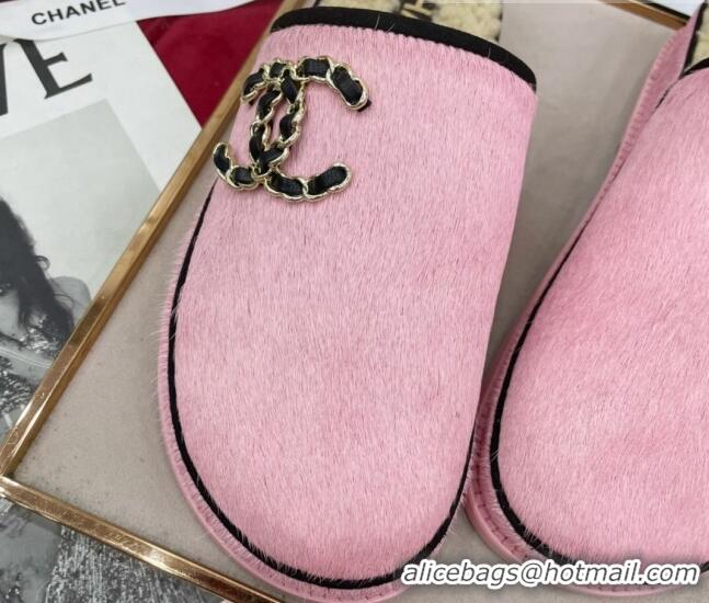 Top Grade Chanel Fur and Shearling Wool Flat Mules G38648 Pink