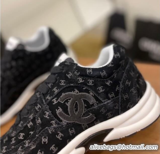 Good Quality Chanel CC Overall Print Suede Sneakers G39230 Black