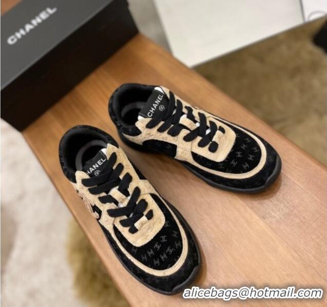 Sumptuous Chanel CC Overall Print Suede Sneakers G39230 Beige/Black