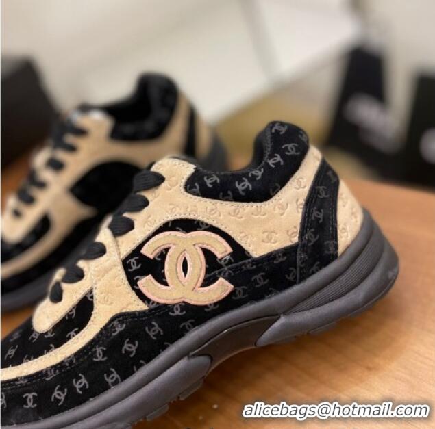 Sumptuous Chanel CC Overall Print Suede Sneakers G39230 Beige/Black