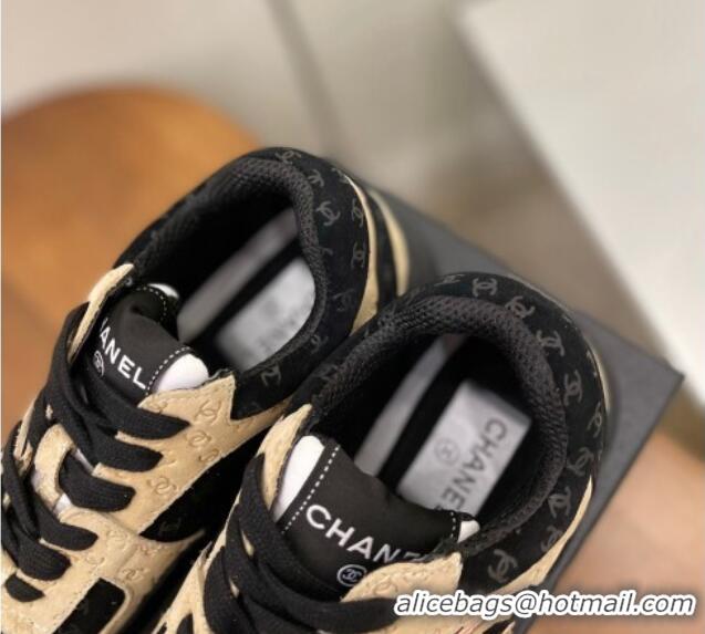 Sumptuous Chanel CC Overall Print Suede Sneakers G39230 Beige/Black