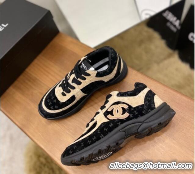 Sumptuous Chanel CC Overall Print Suede Sneakers G39230 Beige/Black