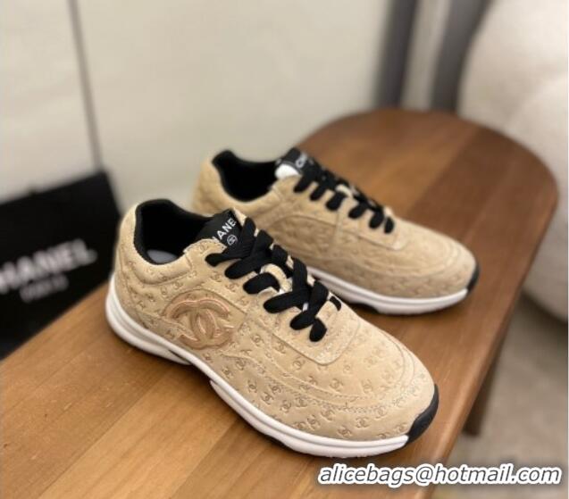 Best Grade Chanel CC Overall Print Suede Sneakers G39230 Beige