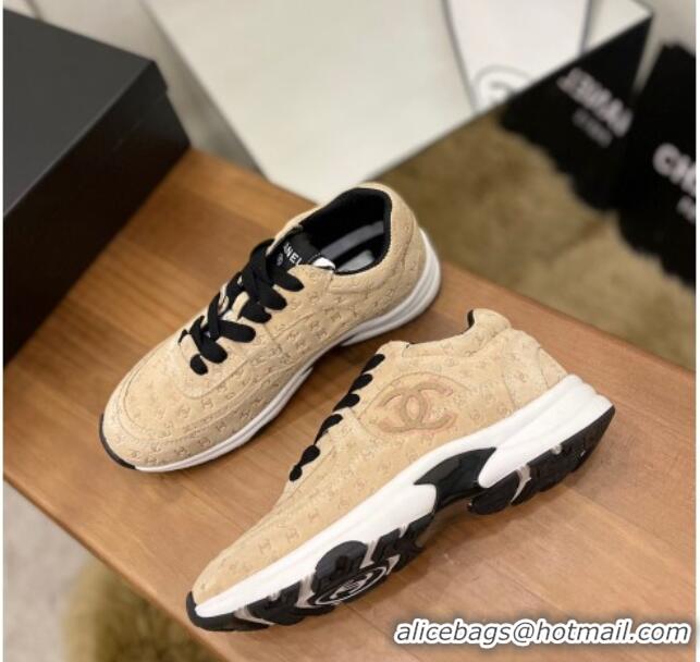 Best Grade Chanel CC Overall Print Suede Sneakers G39230 Beige