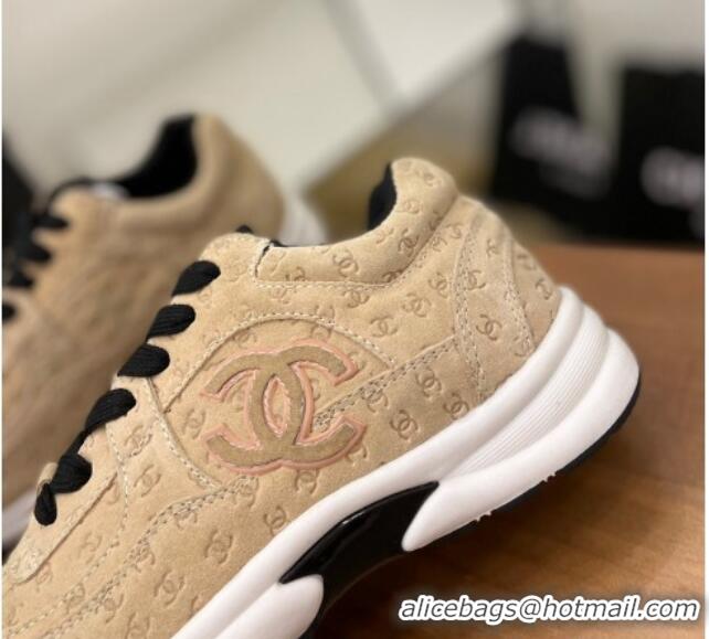 Best Grade Chanel CC Overall Print Suede Sneakers G39230 Beige