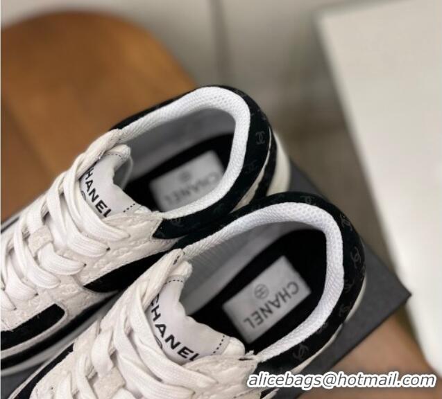 Discount Chanel CC Overall Print Suede Sneakers G39230 White/Black