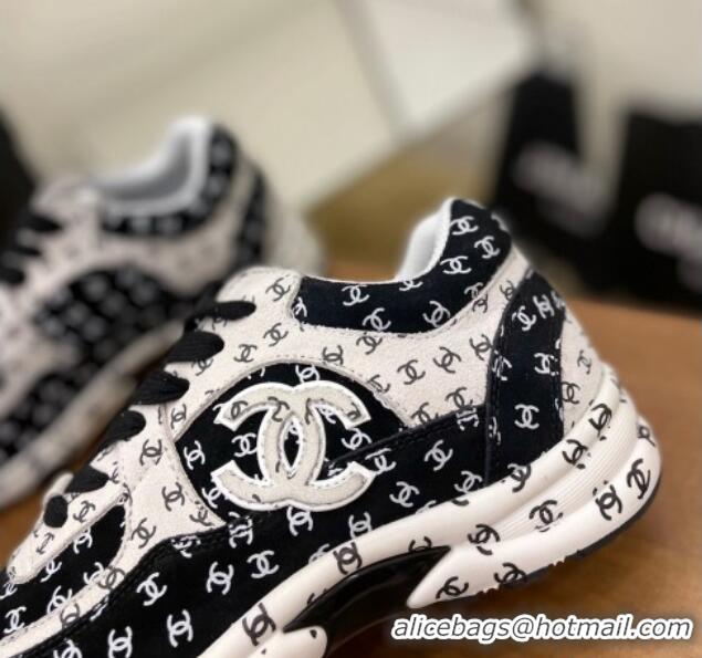 Sophisticated Chanel CC Overall Print Suede Sneakers G39230 White/Black