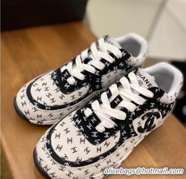 Most Popular Chanel CC Overall Print Suede Sneakers G39230 White/Black