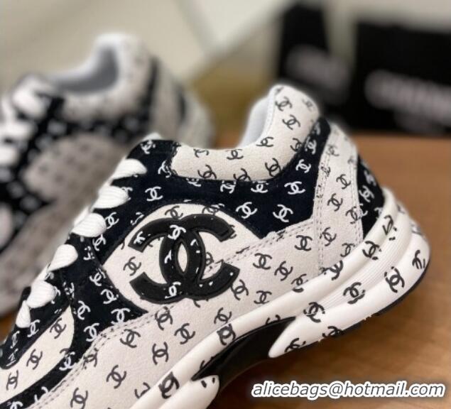 Most Popular Chanel CC Overall Print Suede Sneakers G39230 White/Black