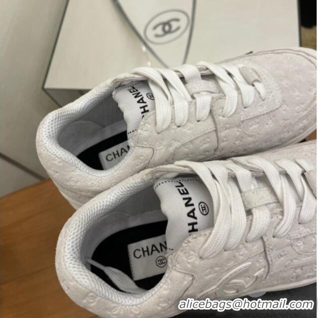 Good Looking Chanel CC Overall Print Suede Sneakers G39230 White