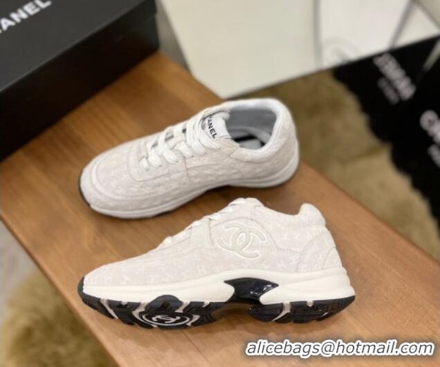 Good Looking Chanel CC Overall Print Suede Sneakers G39230 White