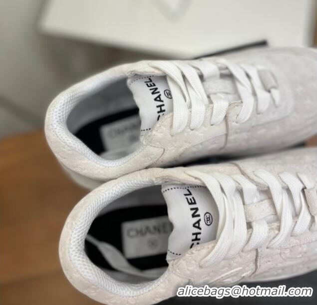 Good Looking Chanel CC Overall Print Suede Sneakers G39230 White