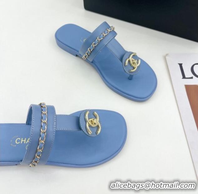 Charming Chanel Lambskin CC Stud and Chain Flat Slide Sandals Light Blue 070144