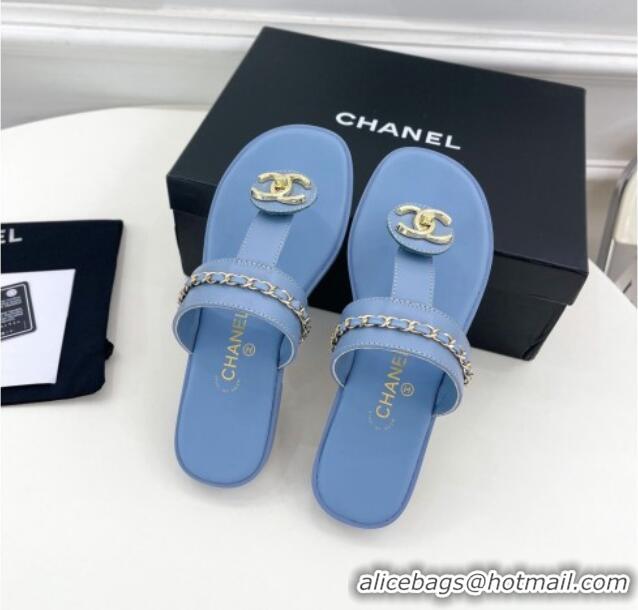 Charming Chanel Lambskin CC Stud and Chain Flat Slide Sandals Light Blue 070144