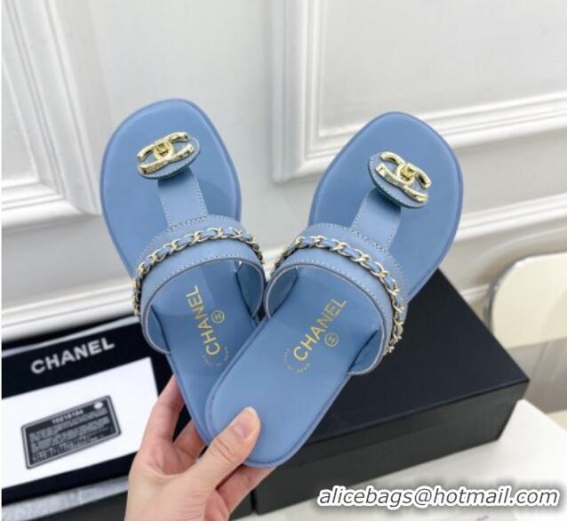 Charming Chanel Lambskin CC Stud and Chain Flat Slide Sandals Light Blue 070144