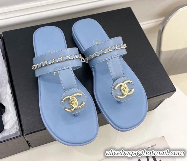 Charming Chanel Lambskin CC Stud and Chain Flat Slide Sandals Light Blue 070144