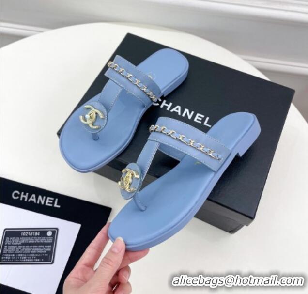 Charming Chanel Lambskin CC Stud and Chain Flat Slide Sandals Light Blue 070144