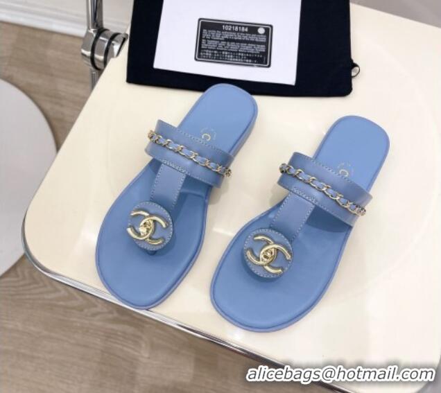 Charming Chanel Lambskin CC Stud and Chain Flat Slide Sandals Light Blue 070144