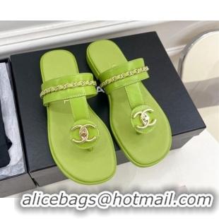 Good Quality Chanel Lambskin CC Stud and Chain Flat Slide Sandals Green 070145