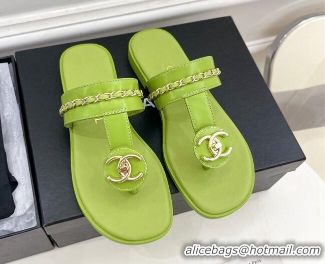 Good Quality Chanel Lambskin CC Stud and Chain Flat Slide Sandals Green 070145