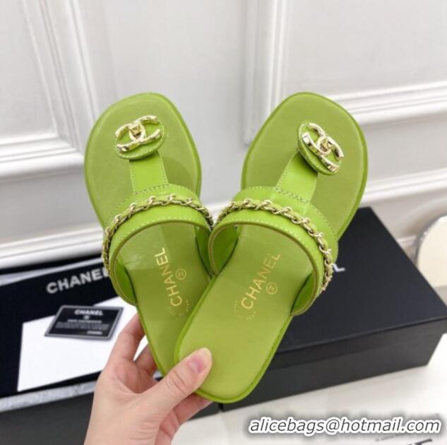 Good Quality Chanel Lambskin CC Stud and Chain Flat Slide Sandals Green 070145