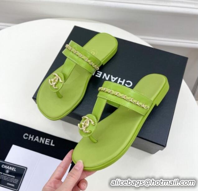 Good Quality Chanel Lambskin CC Stud and Chain Flat Slide Sandals Green 070145