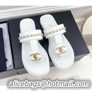 Stylish Chanel Lambskin CC Stud and Chain Flat Slide Sandals White 070146