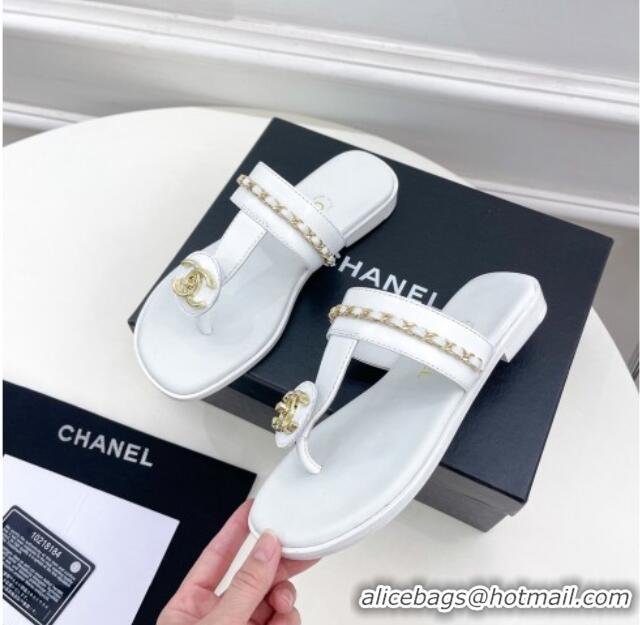 Stylish Chanel Lambskin CC Stud and Chain Flat Slide Sandals White 070146