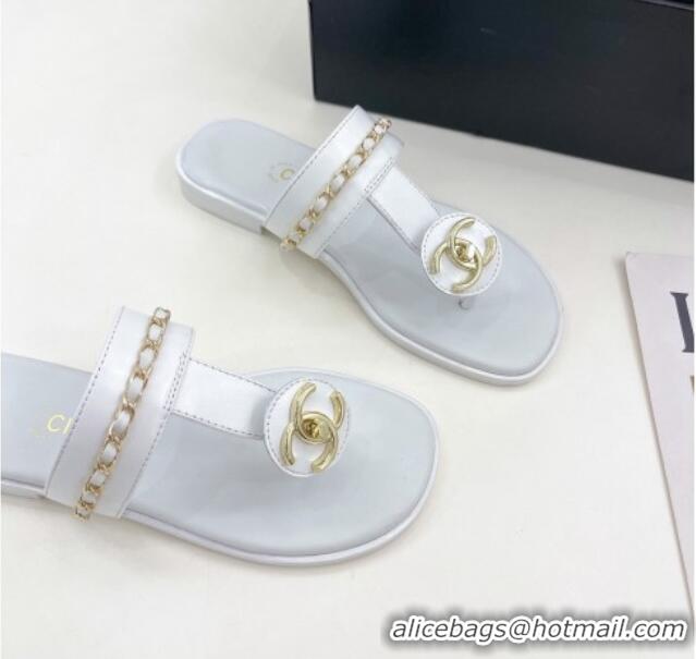 Stylish Chanel Lambskin CC Stud and Chain Flat Slide Sandals White 070146