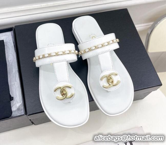 Stylish Chanel Lambskin CC Stud and Chain Flat Slide Sandals White 070146