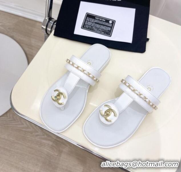 Stylish Chanel Lambskin CC Stud and Chain Flat Slide Sandals White 070146