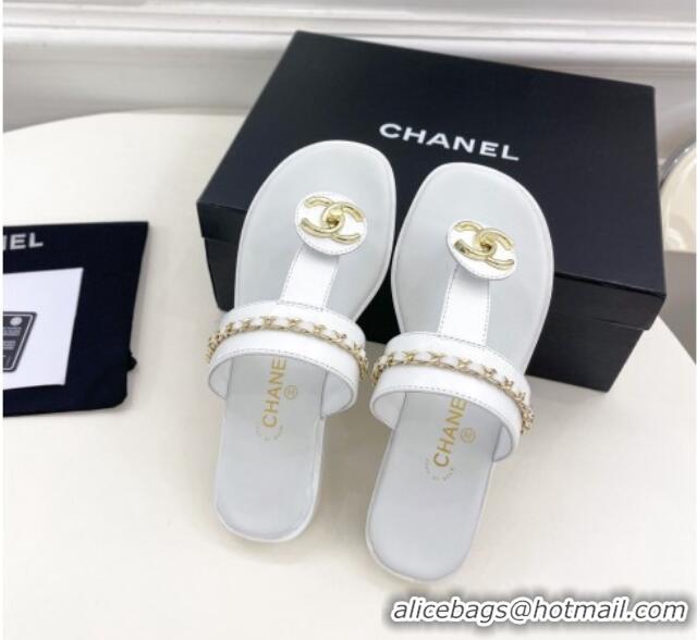 Stylish Chanel Lambskin CC Stud and Chain Flat Slide Sandals White 070146