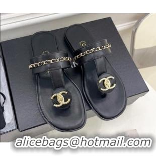 Perfect Chanel Lambskin CC Stud and Chain Flat Slide Sandals Black 070147