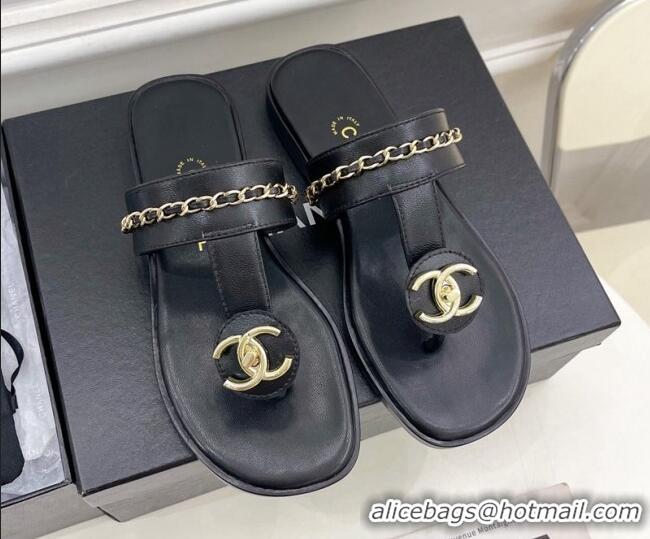 Perfect Chanel Lambskin CC Stud and Chain Flat Slide Sandals Black 070147