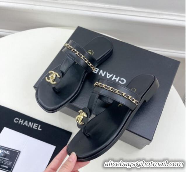 Perfect Chanel Lambskin CC Stud and Chain Flat Slide Sandals Black 070147