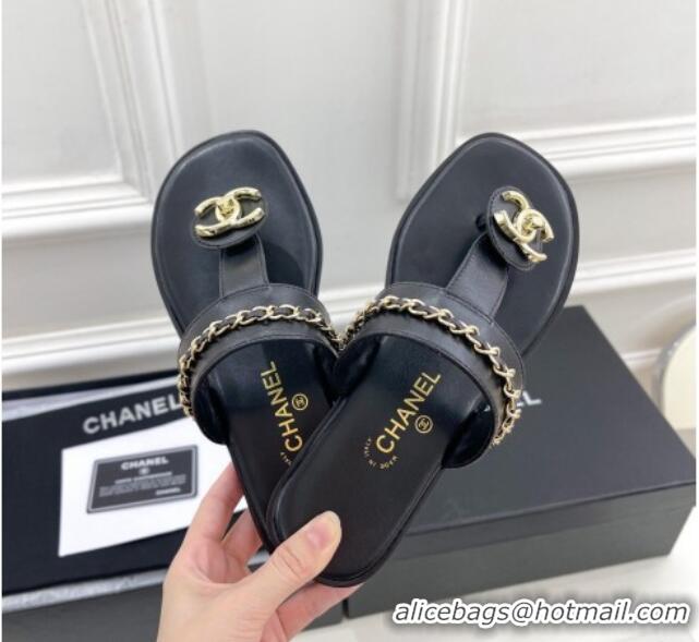 Perfect Chanel Lambskin CC Stud and Chain Flat Slide Sandals Black 070147