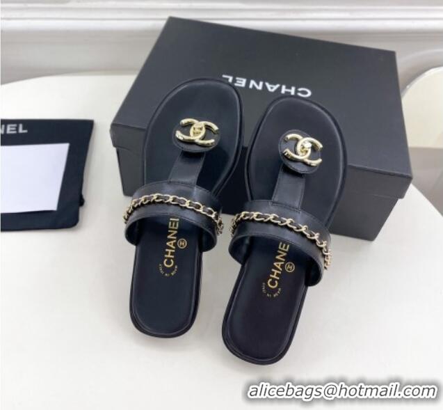 Perfect Chanel Lambskin CC Stud and Chain Flat Slide Sandals Black 070147