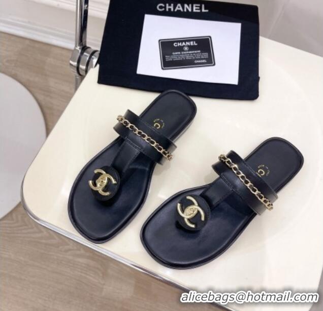 Perfect Chanel Lambskin CC Stud and Chain Flat Slide Sandals Black 070147