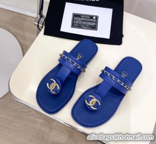 Pretty Style Chanel Lambskin CC Stud and Chain Flat Slide Sandals Royal Blue 070149