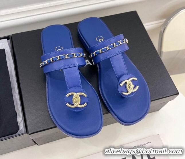 Pretty Style Chanel Lambskin CC Stud and Chain Flat Slide Sandals Royal Blue 070149